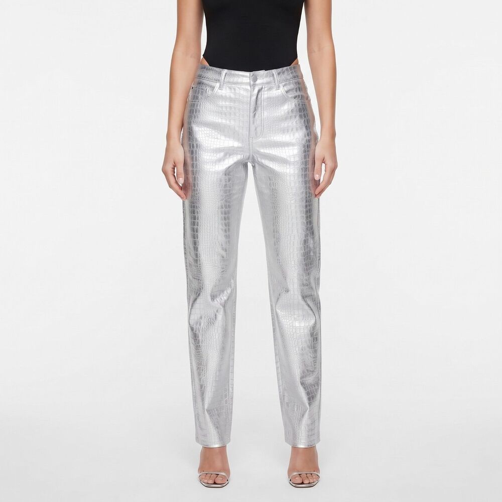 Naked Wardrobe Silver Croc-Embossed Faux Leather Pants Metallic Statement MED